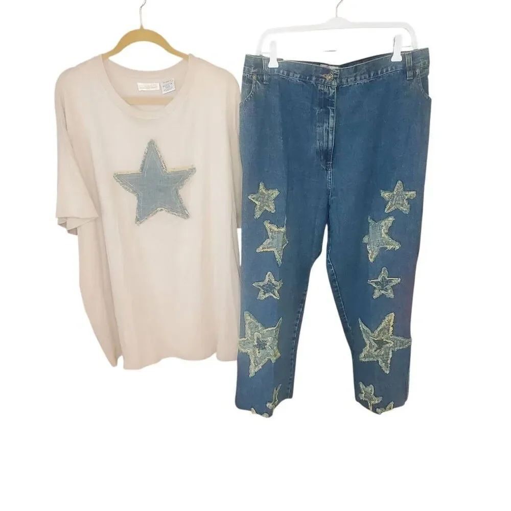 Roaman’s Plus Size Star Patch Top & Jeans Set – Women’s 4X Shirt & Size 32 Pants